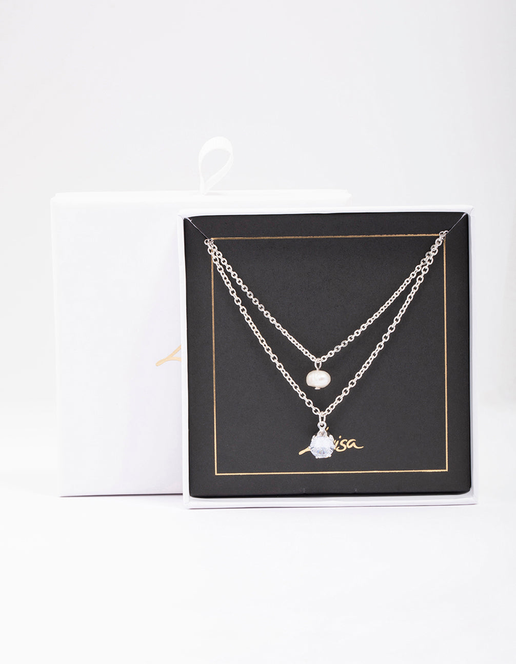 Silver Double Chain Pearl & Diamante Necklace