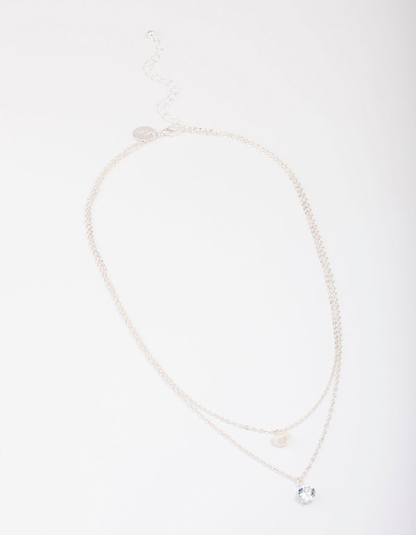 Silver Double Chain Pearl & Diamante Necklace - Lovisa
