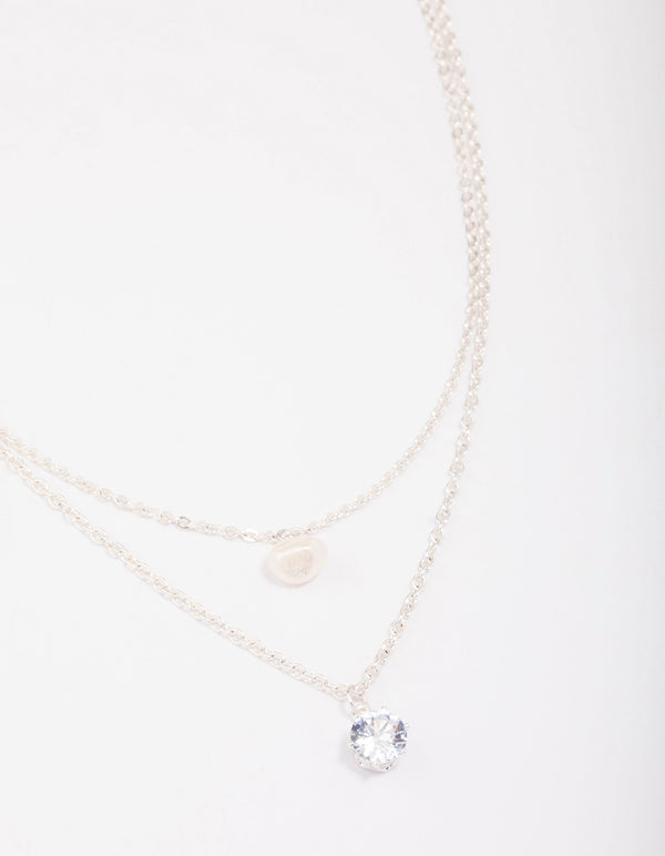 Silver Double Chain Pearl & Diamante Necklace