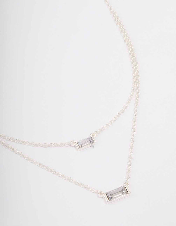 Silver Double Chain Baguette Necklace
