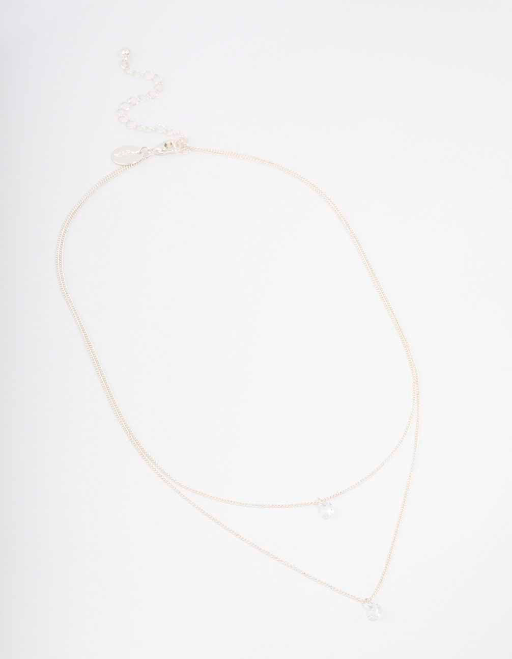Silver Double Chain Floating Diamante Necklace