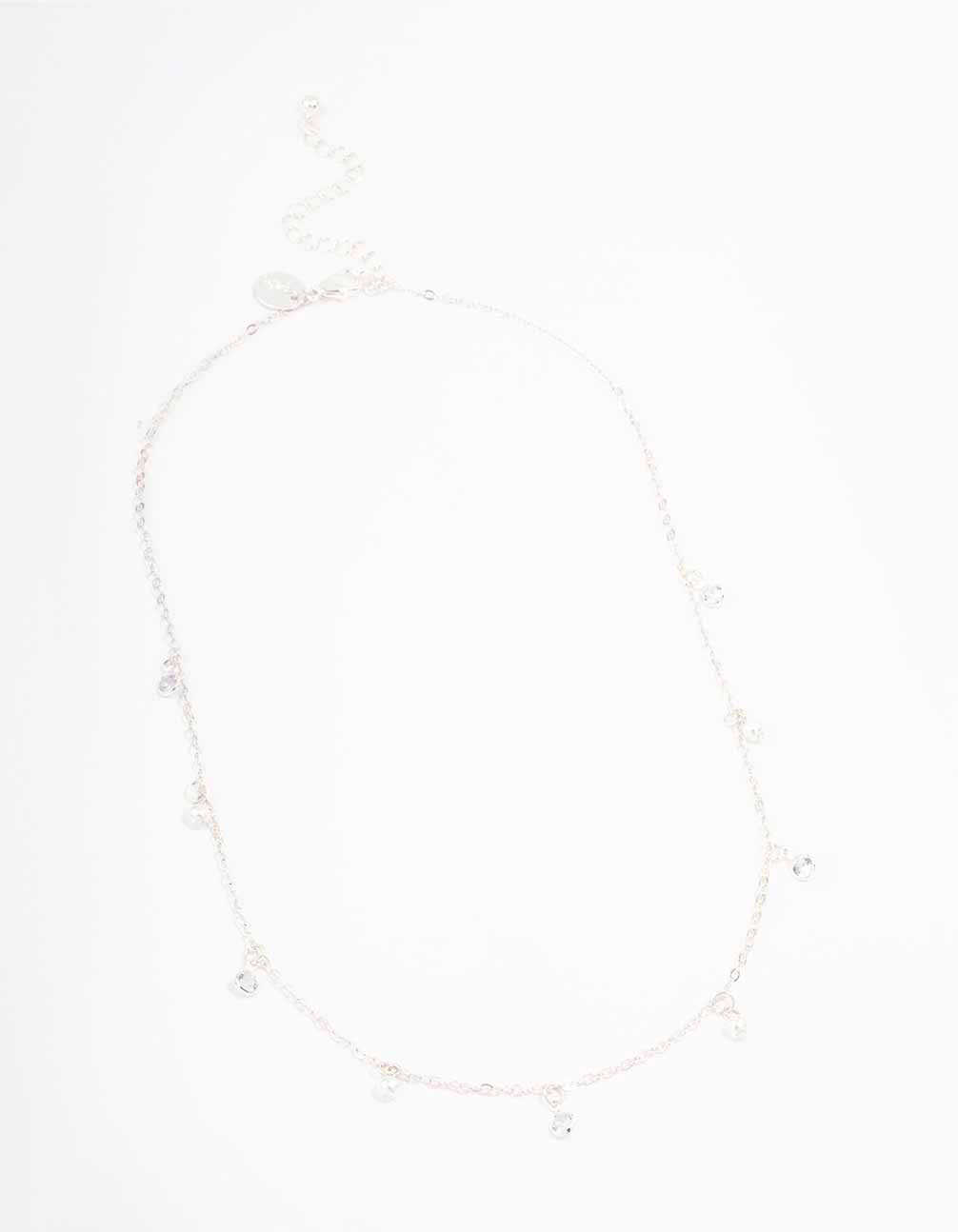 Silver Diamante & Pearl Drop Station Necklace