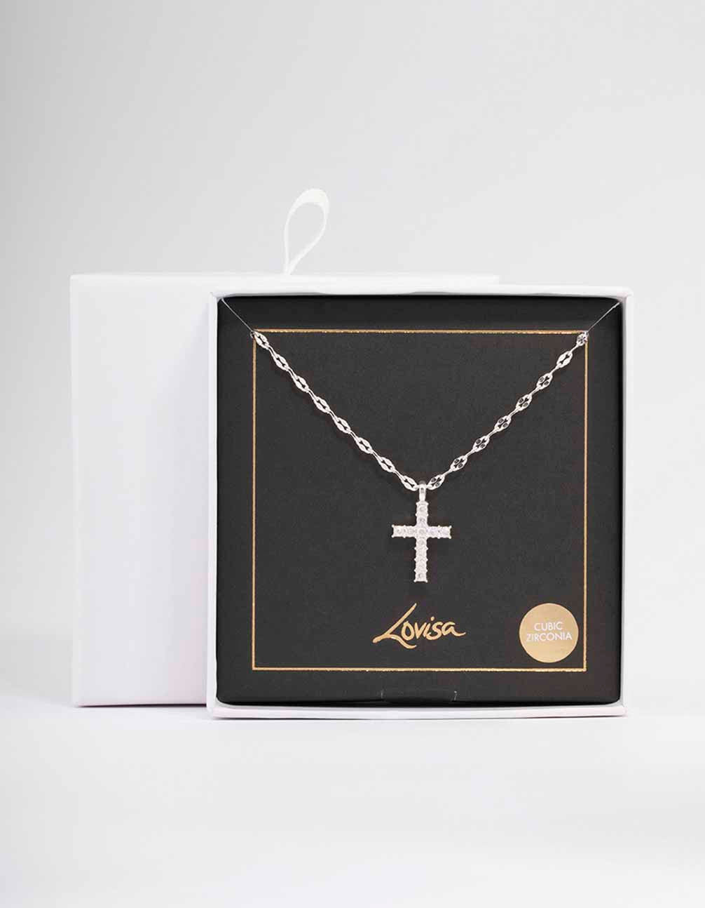 Silver Bezel Diamante Cross Necklace