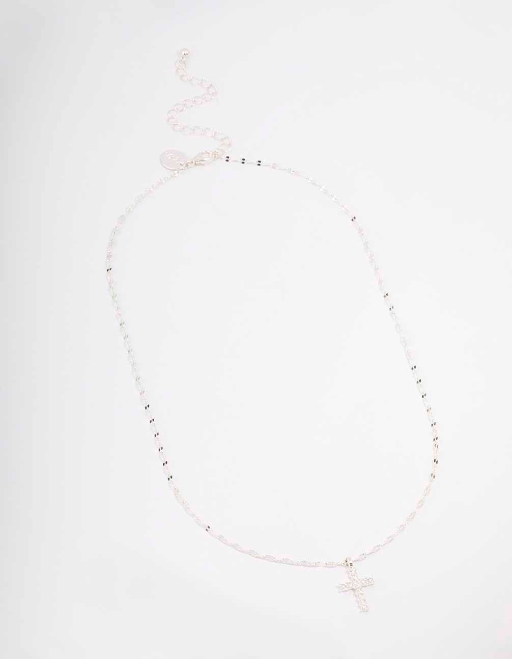 Silver Bezel Diamante Cross Necklace