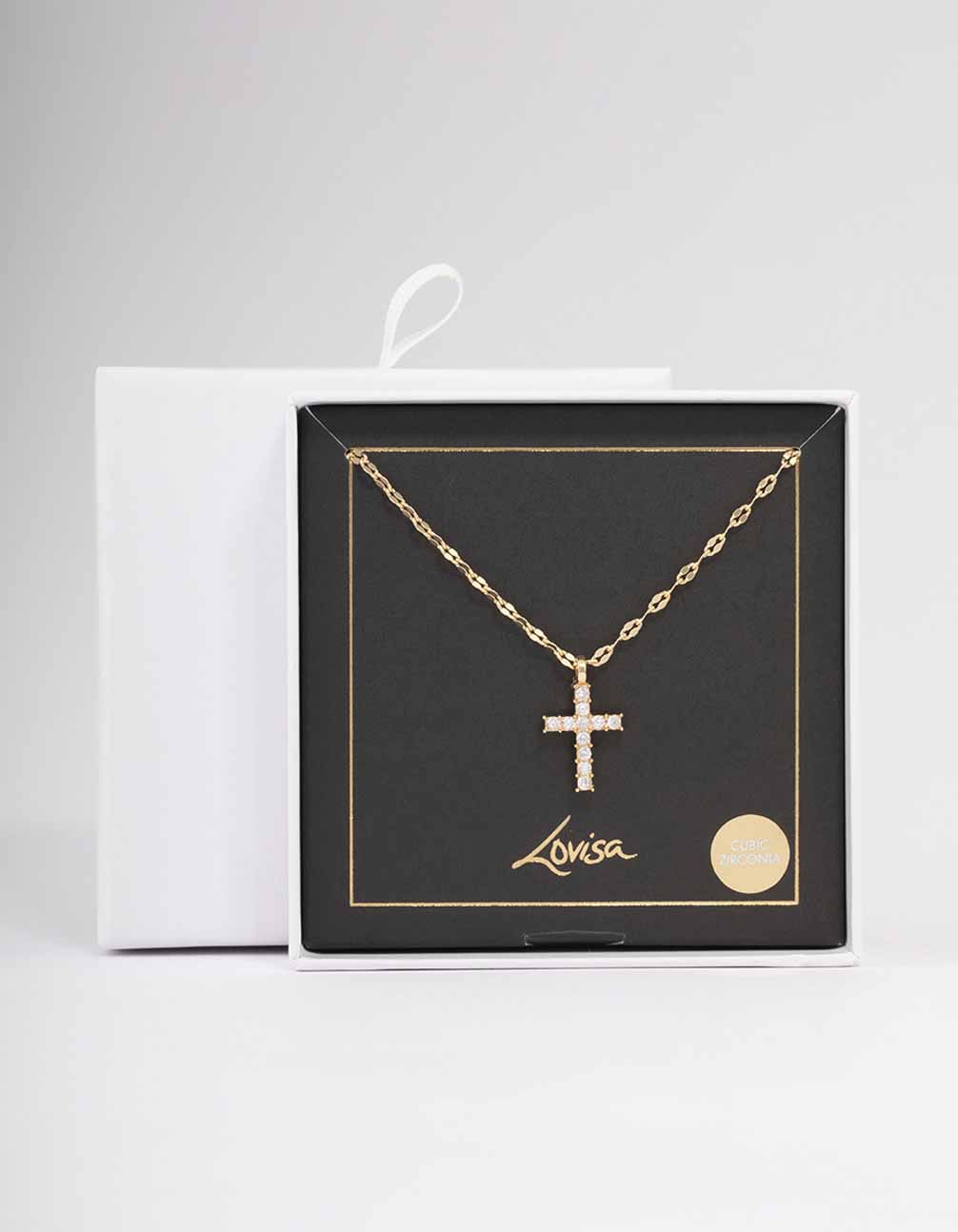 Gold Bezel Diamante Cross Necklace