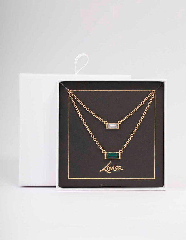 Gold Double Chain Baguette Necklace