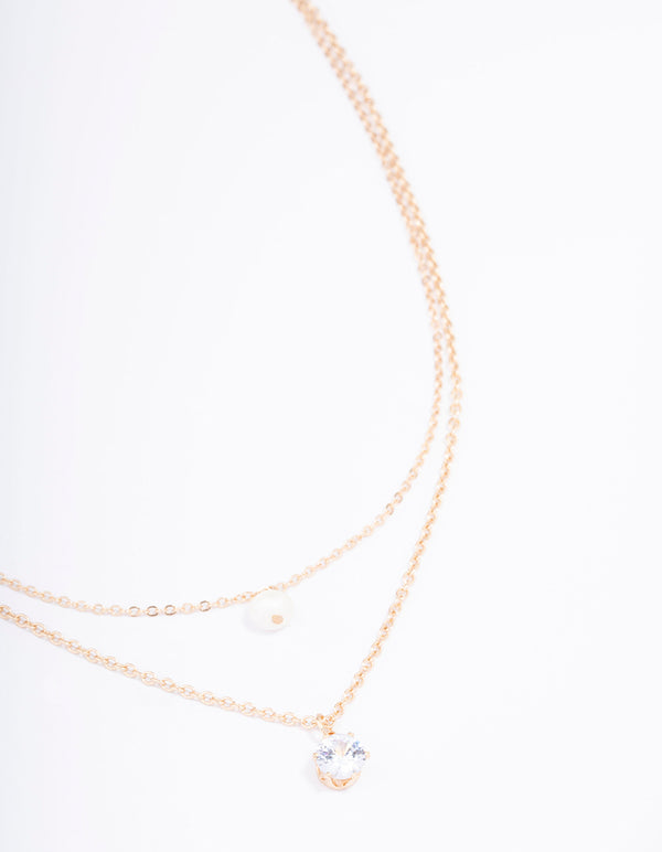 Gold Double Chain Pearl & Diamante Necklace - Lovisa