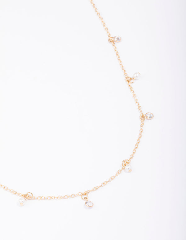 Gold Diamante & Pearl Drop Station Necklace