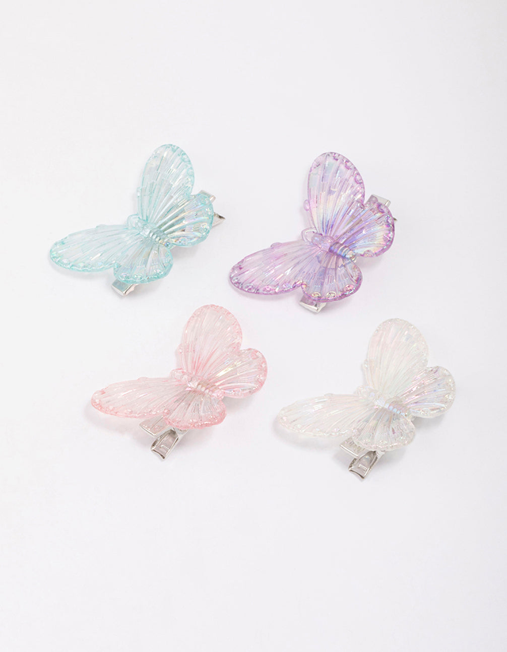 Beautifully crafted pastel iridescent butterfly hair clip 4-pack with glitter in plum, light pink, pale turquoise, and silver front view