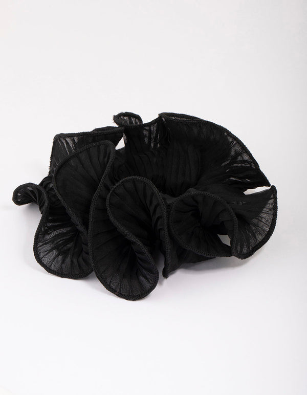 Black Fabric Pleated Floral Hair Scrunchie