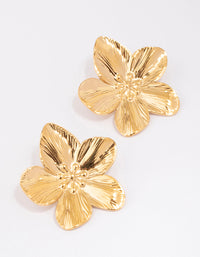 Gold Plated Stainless Steel Textured Flower Stud Earrings - link has visual effect only