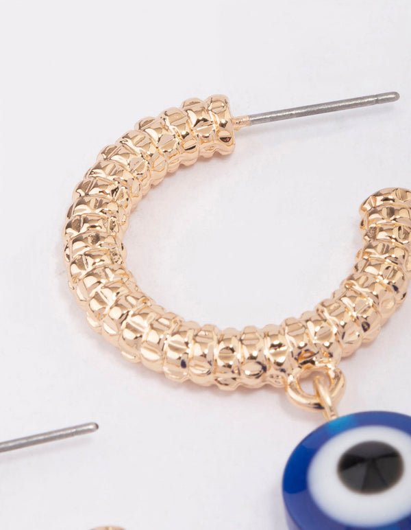 Gold Textured Evil Eye Hoop Earrings