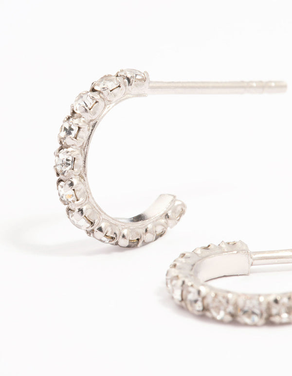 Platinum Sterling Silver Cubic Zirconia Mini Hoop Earrings