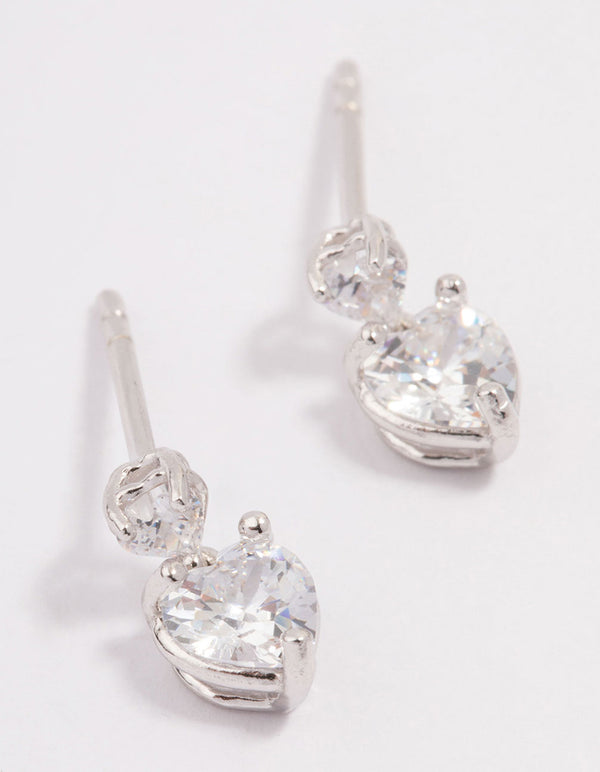 Platinum Sterling Silver Cubic Zirconia Heart Drop Earrings