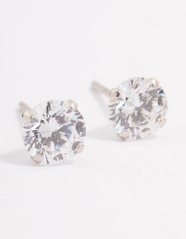 Platinum Sterling Silver Cubic Zirconia Four Claw Crystal Stud Earrings