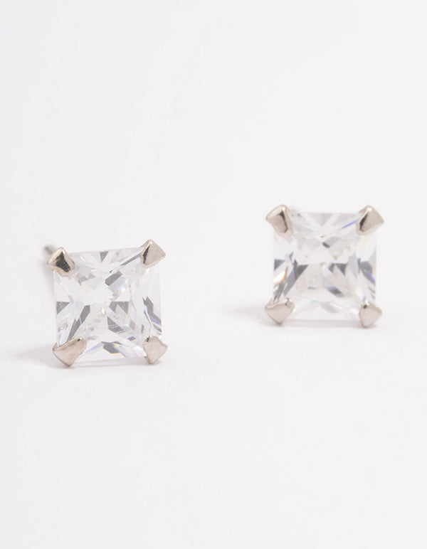 Platinum Sterling Silver Square Cubic Zirconia Stud Earrings