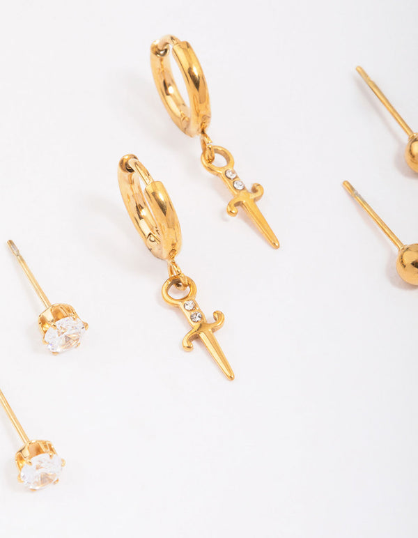 Gold Plated Surgical Steel Dagger Huggie Earring 3-Pack