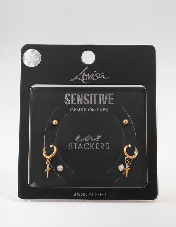 Gold Plated Surgical Steel Dagger Huggie Earring 3-Pack