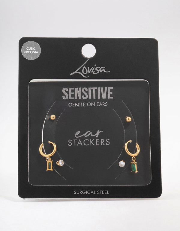 Gold Plated Surgical Steel Emerald Cubic Zirconia Earring 3-Pack