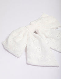 White Fabric Embroidered Hair Bow Clip - link has visual effect only