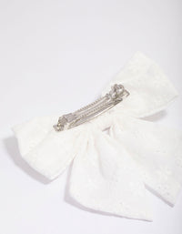 White Fabric Embroidered Hair Bow Clip - link has visual effect only