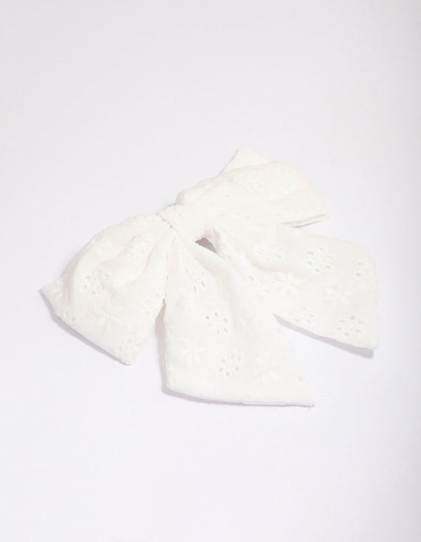 White Fabric Embroidered Hair Bow Clip