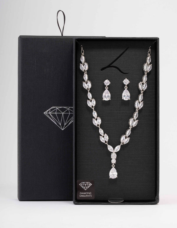 Silver Marquise Pear Necklace & Drop Earring Set