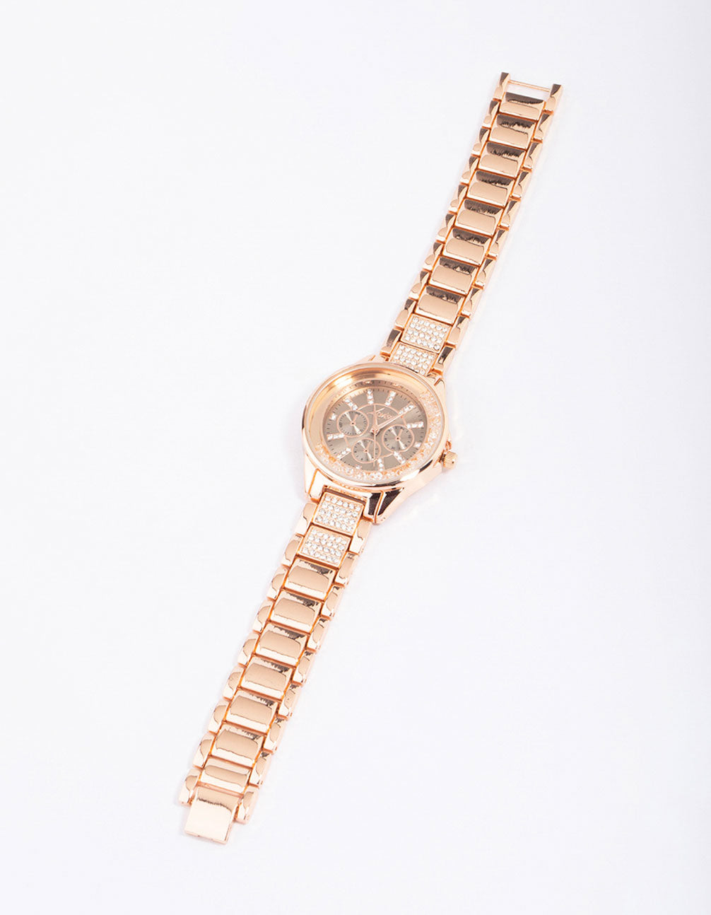 Stunning rose gold shaker diamante detailed watch with glitter accents, clear stone-look dial, round shape, chronograph design, link band strap, and formal occasion styling for women front view