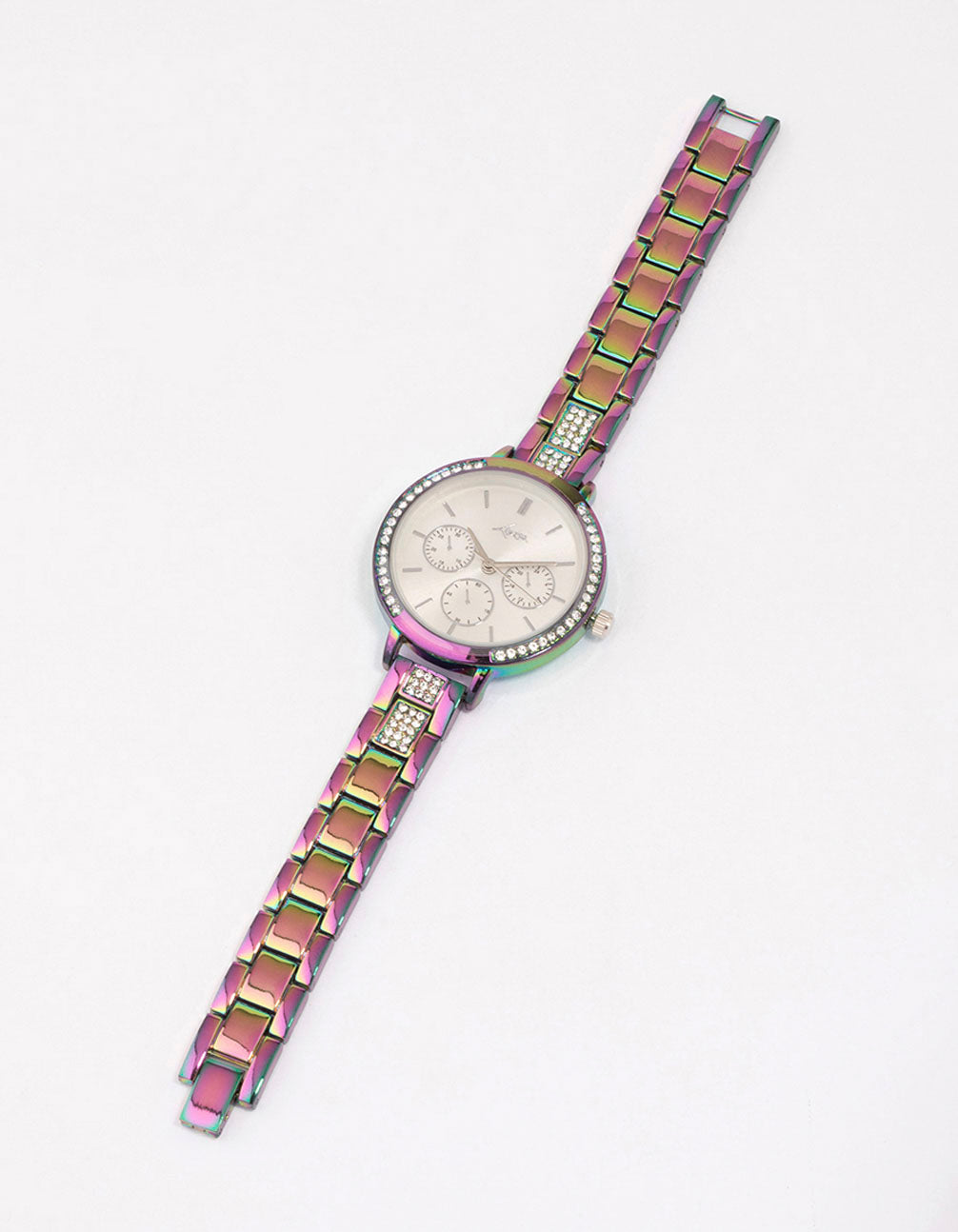 Discover a holographic diamante link watch with white stone dial, round shape, women's chronograph featuring multi-color band, chunky style for casual occasions front view