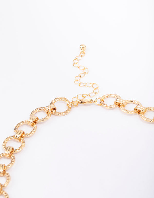 Gold Plated Hammered Round Link Chain Necklace