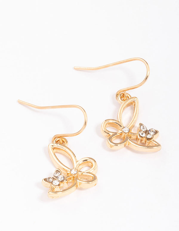 Gold Diamante Cut Butterfly Drop Earrings