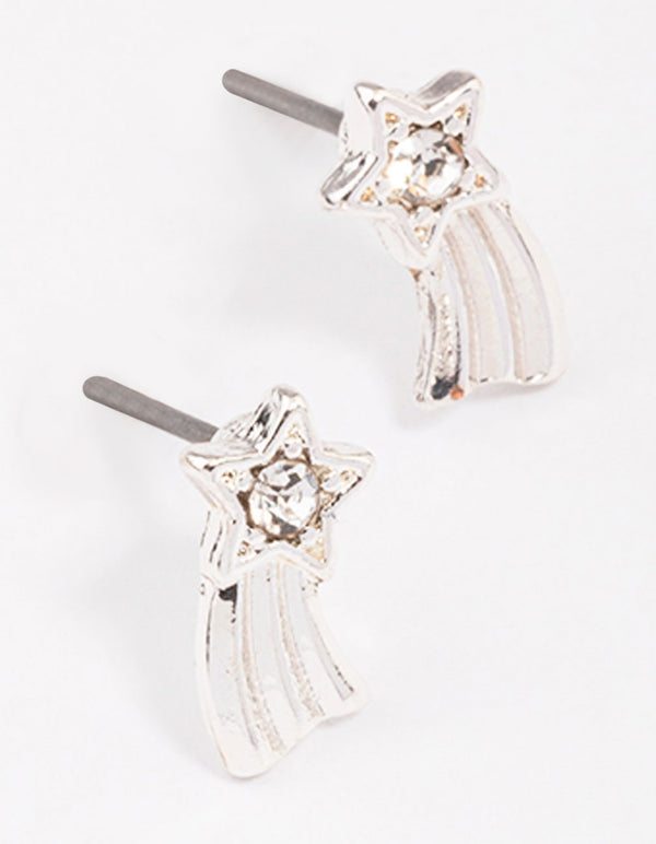 Silver Diamante Shining Star Stud Earrings