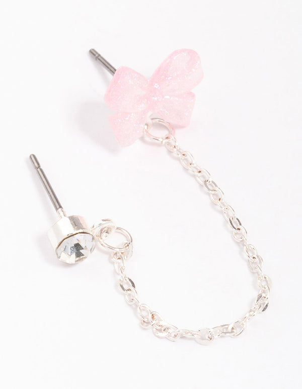 Silver Bow Diamante Stud Chain Earring