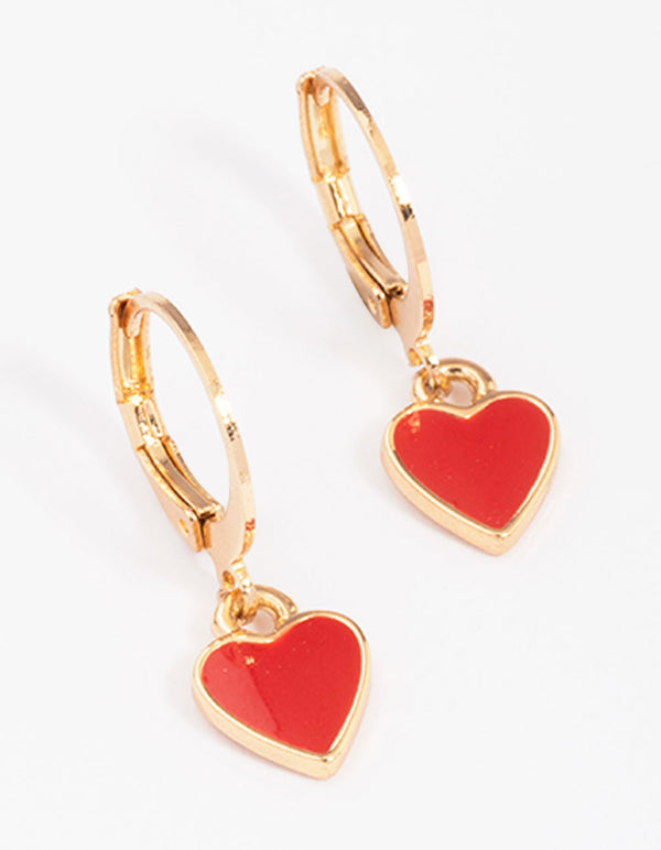 Gold & Red Heart Huggie Hoop Earrings
