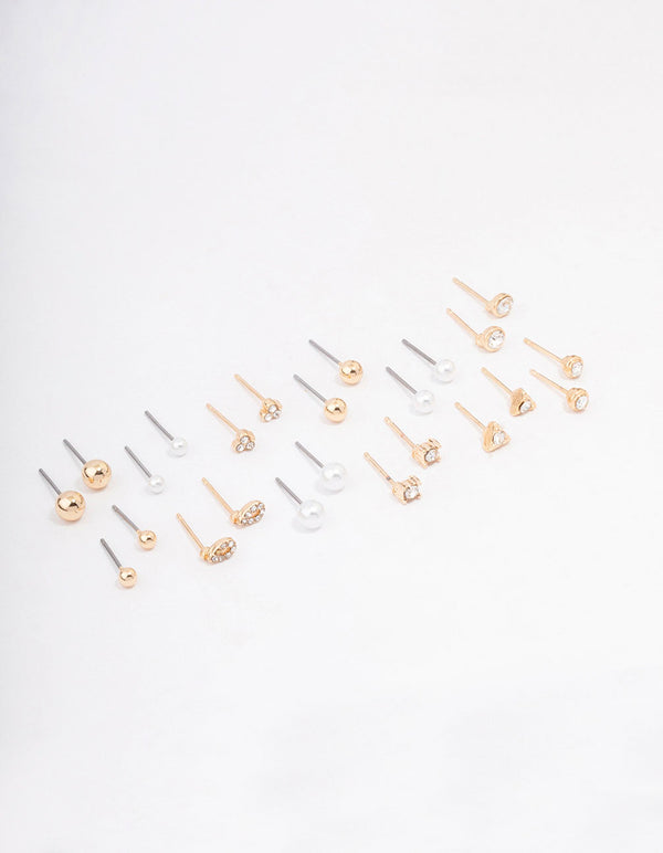 Gold Classic Pearl & Diamante Stud Earring 12-Pack