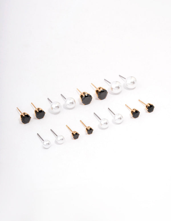 Gold Black Crystal & Pearl Stud Earring 8-Pack