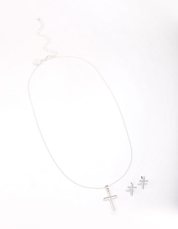Silver Plain Cross Jewellery Set