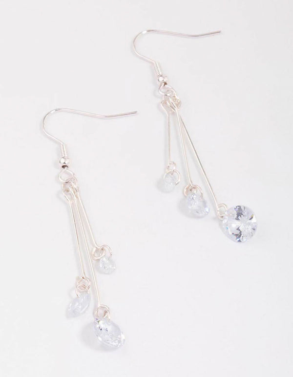 Silver Triple Chain Diamante Drop Earrings