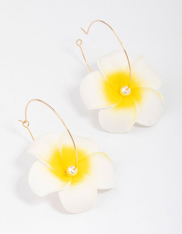 White Frangipani Pearl Hoop Earrings