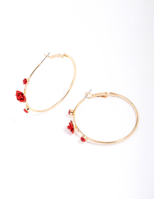 Gold Pearlised Red Rose Hoop Earrings