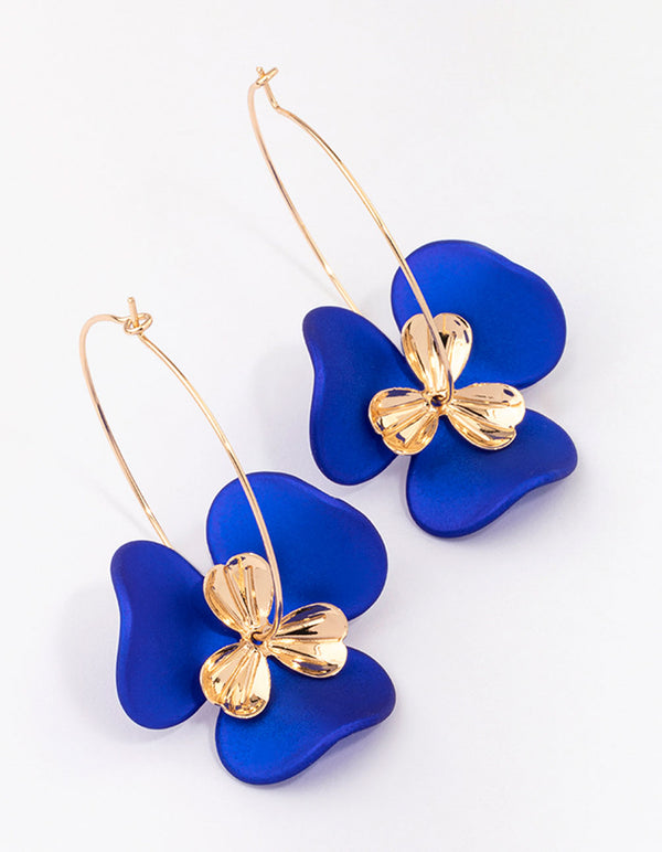 Blue & Gold Large Wire Flower Hoop Earrings