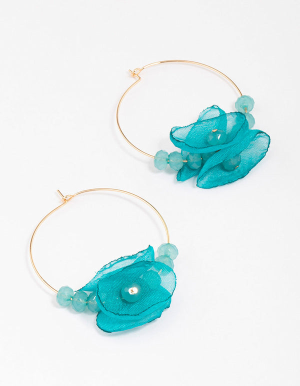 Gold & Blue Flower Beaded Hoop Earrings