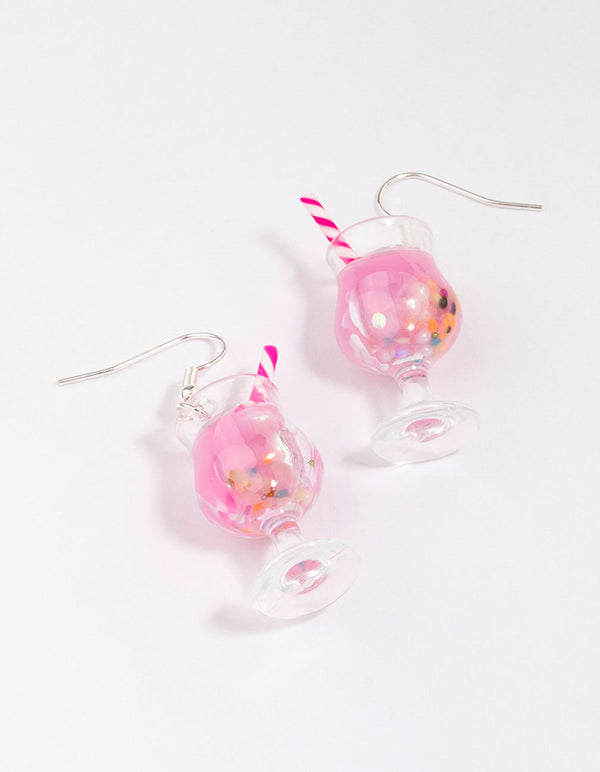Silver Pink Cocktail Straw Drop Earrings