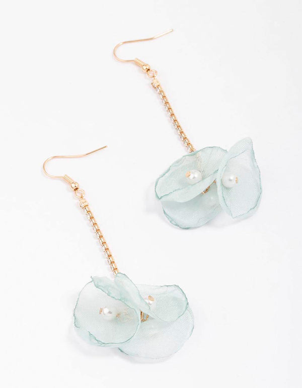 Gold & Blue Cupchain Flower Pearl Drop Earrings