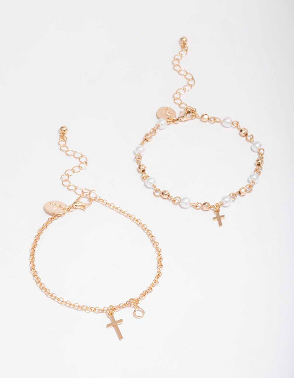 Gold Pearl Cross Bracelet Pack