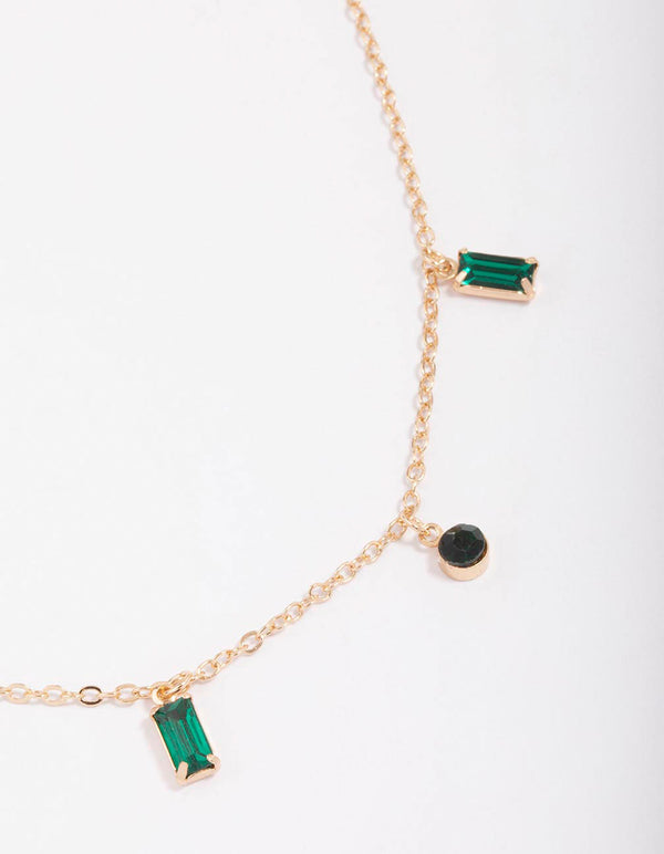Gold Emerald Baguette & Droplet Chain Necklace