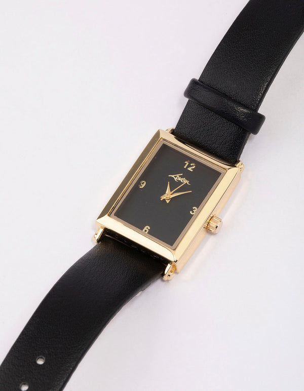 Gold & Black Faux Leather Rectangular Watch