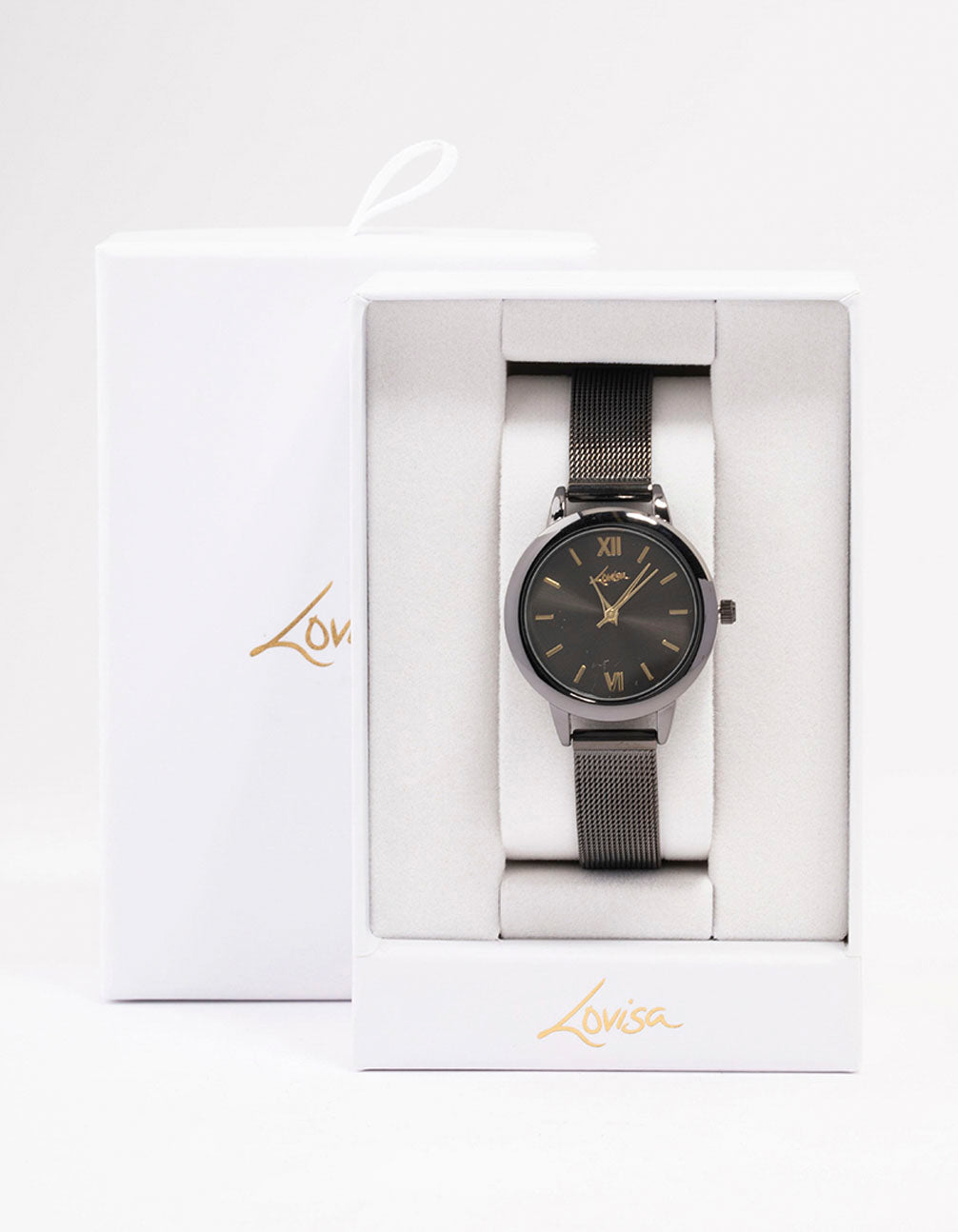 Women's black thin simple mesh watch with roman numerals featuring a round dial shape designed for casual occasions in analog type case detail view