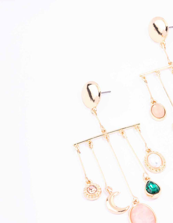 Gold Multi Charm Drop Earrings