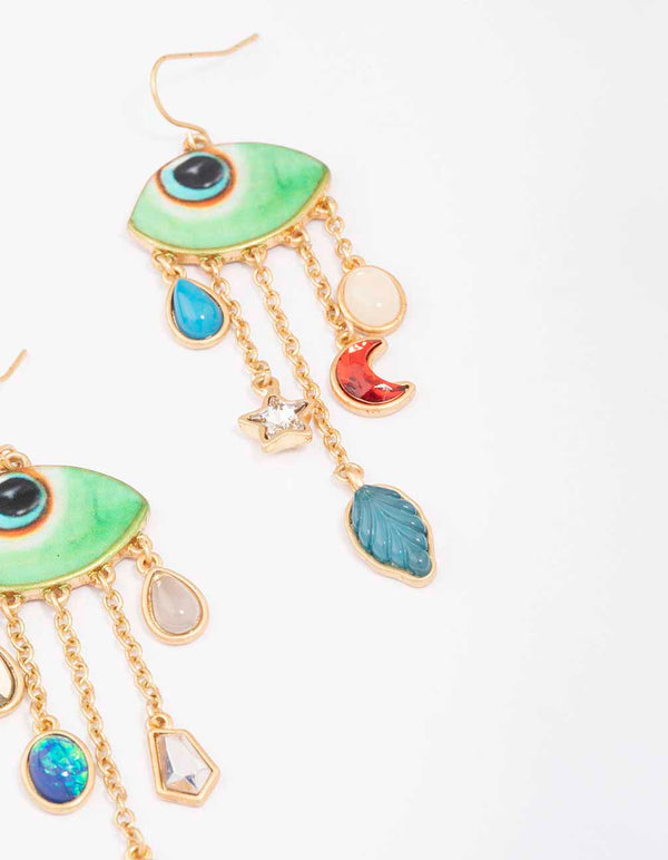 Gold Evil Eye Charm Drop Earrings